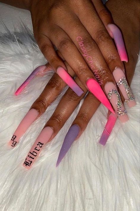 Pink Leo Birthday Nails, 21st Birthday Nails, Natural Acrylic, Birthday Nail, Natural Acrylic Nails, Nails Matte, Long Acrylic Nail Designs, Glow Nails, Exotic Nails