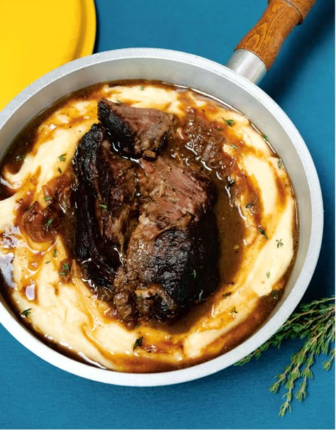 French Onion Pot Roast with Gruyère Potatoes Short Ribs With Polenta, French Onion Pot Roast, Mary Makes It Easy Recipes, Red Wine Reduction Sauce, Mary Makes It Easy, Classic Pot Roast, Mary Berg, Roasted Beef, Cheesy Mashed Potatoes