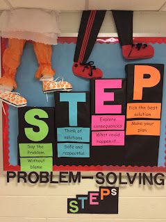 Elementary Counseling Blog: Problem-Solving STEPs Bulletin Board Preschool Door Decorations, Problem Solving Model, Classroom Decoration Ideas, Counseling Bulletin Boards, Diy Classroom Decorations, School Social Worker, Elementary Counseling, Counseling Office, Student Services