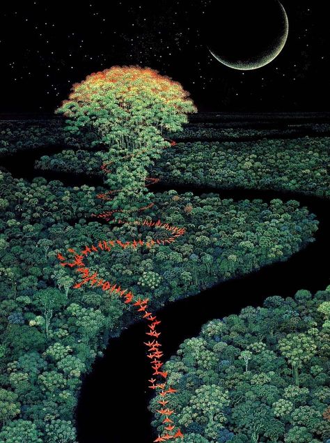 Hiroo Isono At Night, The Sky, The Moon, Trees, Forest, Moon, Stars