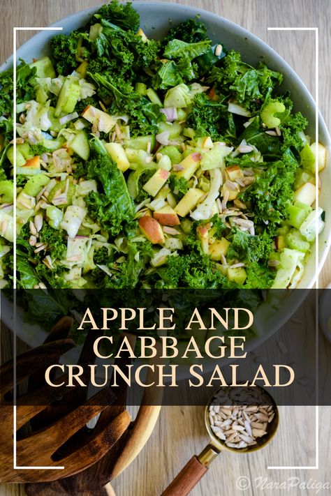 Crunch into Freshness: Elevate Your Salad Game with this Apple and Cabbage Delight! This vibrant Apple and Cabbage Crunch Salad is a symphony of flavors and textures that will tantalize your taste buds. It combines the hearty crunch of green cabbage with the earthy, robust notes of kale, all balanced by the sweet, crisp bite of fresh apples. Apple Crunch Salad, Vegan Lettuce Salad, Kale And Cabbage Recipes, Salads With Cabbage, Green Cabbage Salad, Cabbage Crunch Salad, Salad Master Recipes, Salad Master, Green Apple Salad