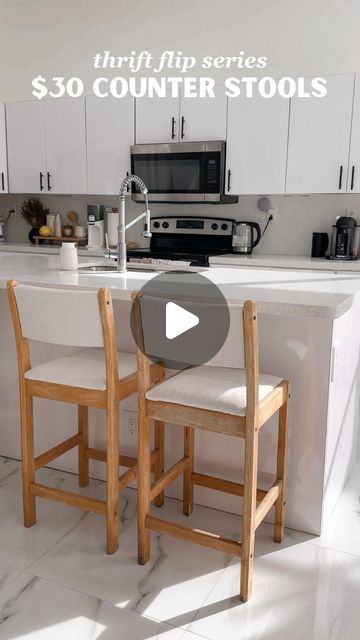 HALEY ♡ on Instagram: "I can’t believe I found these chairs for just $10!🪑 Now let’s thrift flip them ✨ Thrift flipping furniture is so fun and easy to do, and saves you a TON of money. This furniture flip hack is great for DIY chair upholstery 🤌🏼 no sewing required! I love my new wood and beige kitchen counter chairs 🤎 what do you think?! #thriftflip #furniture #furniturediy #furnitureflip #chairs #counterstools #diyfurniture #furnitureupcycle #thriftwithme #thrifting #thriftstorefinds" Diy Bar Stools With Back, Thrift Flipping, Kitchen Counter Chairs, Diy Counter, Furniture Flip, Beige Kitchen, Apartment Bedroom, Thrift Flip, Furniture Redo