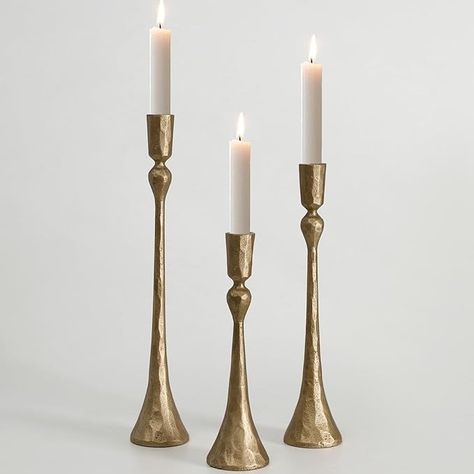 Amazon.com: Vintage Cast Iron Taper Candle Holder - Set of 3 Decorative Candle Stand, Candlestick Holder for Wedding, Dinning, Party (Antique Brass) : Home & Kitchen Antique Brass Candle Holders, Gold Candlestick Holders, Three Candle Holder, Candle Holder Crafts, Candle Decoration, Candle Stands, Church Candles, Metal Candle Holder, Gold Candle Sticks