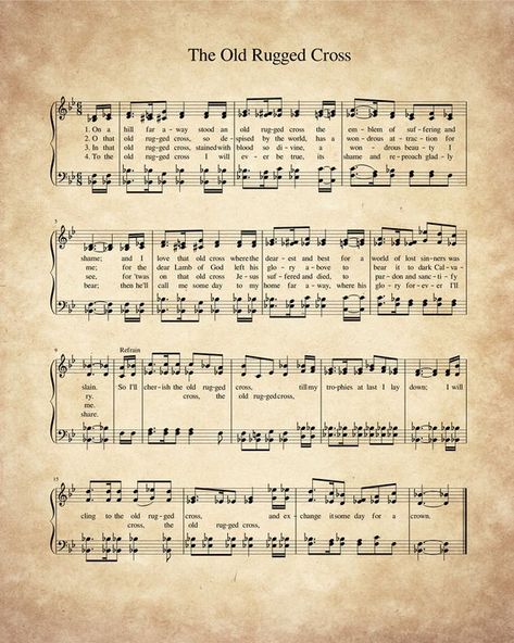 The Old Rugged Cross Hymn Art, Vintage 1912 Christian Hymn Music Sheet, Christmas Carol Sheet Music, The Old Rugged Cross Sheet Music, The Old Rugged Cross, Gospel Song Lyrics, Christian Hymns, Hymn Art, Hymns Of Praise, Hymn Sheet Music, Hymn Music, Church Songs