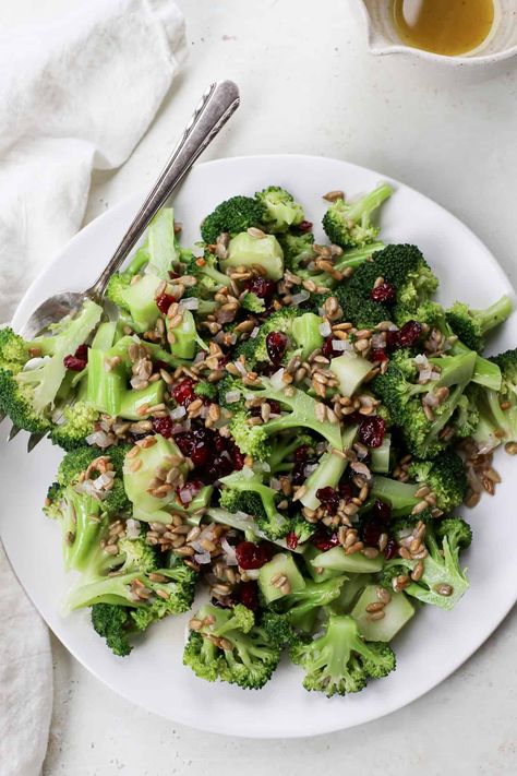 Broccoli Salad Without Bacon (or Mayo) - A Nourishing Plate Broccoli Salad Without Bacon, Brocoli Salad, Brócoli Salad, Raw Broccoli Salad, Healthy Broccoli Salad, How To Make Broccoli, Honey Mustard Vinaigrette, Raw Broccoli, Broccoli Salad Recipe