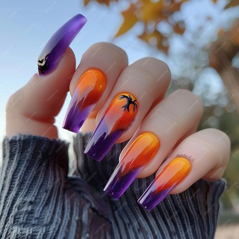 A woman with purple nails that has a black star on it | Premium AI-generated image Purple Orange And Black Nails, Halloween Nails Orange And Purple, Black Orange And Purple Nails, Purple And Orange Ombre Nails, Orange And Purple Nail Designs, Halloween Nails Purple And Orange, Purple Orange Nails, Orange And Purple Nails, Purple And Orange Nails