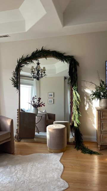 Entry Mirror Garland, Garland For Mirror, Wreath Around Mirror, Floor Mirror With Garland, Mirror With Garland, Primrose Mirror Christmas, Christmas Decor On Mirror, Garland Mirror, Christmas Garland On Mirror