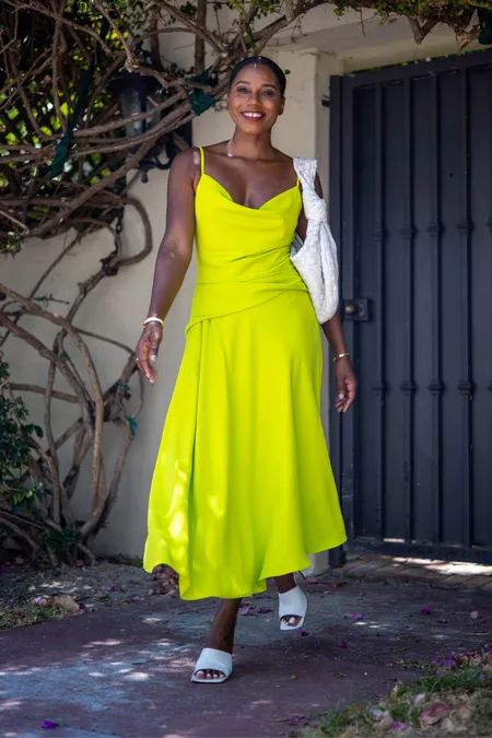 monroesteele on LTK Neon Yellow Dress, Neon Yellow Dresses, Cowl Neck Slip Dress, 27 Dresses, Yellow Neon, Soft Tailoring, Fluorescent Colors, Neon Wedding, Color Dress