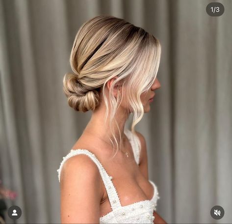 Bridal Updo Elegant, Low Boho Bun, Simple Updo For Wedding Guest, Wedding Bun With Pearls, Low Bun Wedding Hair Blonde, Blonde Bride Makeup, Formal Low Bun, Side Part Low Bun, Loose Bridal Updo