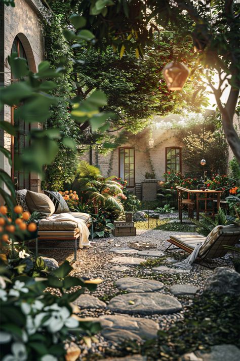 Secret Garden Retreat • Enveloped by climbing vines and lush foliage, this hidden garden offers a serene escape into nature’s embrace • Sunlight filters through the leaves, casting dappled shadows on the cobblestone path leading to a cozy seating area • Vintage lanterns hang whimsically from the branches, adding a touch of magic to the twilight hours • Surrounded by the vibrant greens and the tranquil sound of rustling leaves, this secluded spot is perfect for quiet reflections Nature Backyard, Cozy Seating Area, Cobblestone Path, Vision 2024, Garden Retreat, Garden Inspo, Hidden Garden, Edge Profile, Cozy Home Decor