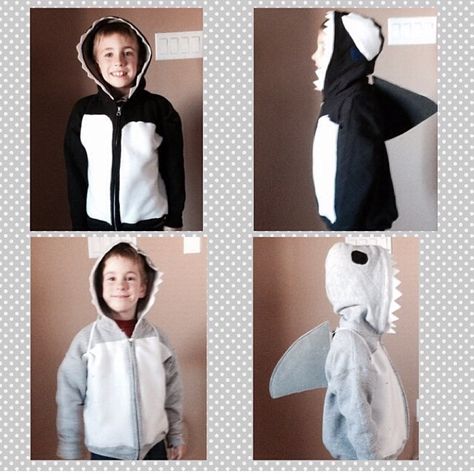 Homemade Orca and Shark Costumes. Made from sweatshirts. Fins have elastic shoulder straps so that the sweatshirts can be worn all winter long and are still cute! Total cost to make these sweats shirts and have matching colored sweatpants for Halloween night=$24. Orca Costume Diy, Orca Costume Kids Diy, Shark Hoodie Diy, Adult Shark Costume, Orca Costume, Shark Cape, Shark Custome Kids, Colored Sweatpants, Whale Costume