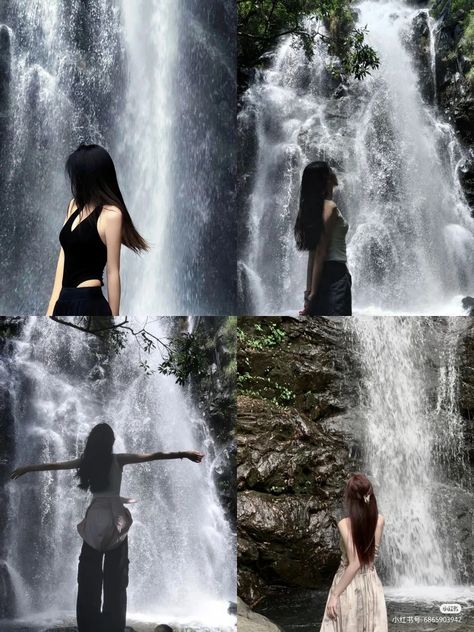 Waterfall Photo Ideas, Waterfall Outfit Ideas, Waterfall Poses Photo Ideas, Waterfall Outfit, Waterfall Poses, Waterfall Picture Ideas, Waterfall Aesthetic, Easy Photography Ideas, Waterfall Photo