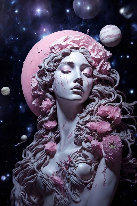 crying Aphrodite, the Greek goddess of love, a light pink flower growing in outer space, with planets, galaxies and spaceships behind it, Negative Space, Realistic Aphrodite Goddess Drawing, Aphrodite Art Drawing, Space With Planets, Beautiful Scenery Drawing, Aphrodite Art, Pink Warrior, Greek Flowers, Goddess Aphrodite, Aphrodite Aesthetic