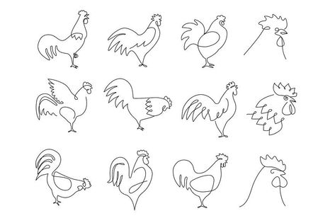 One line roosters. Farm bird Rooster Line Drawing, Rooster Line Art, Rooster Outline Tattoo, Dainty Rooster Tattoo, Simple Chicken Tattoos For Women, Chicken Outline Tattoo, Chicken Tattoo Ideas Simple, Rooster Drawing Simple, Chicken Line Drawing