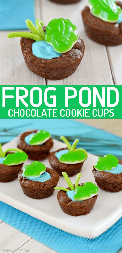 Frog cookie cups are a fun dessert for your frog birthday party, spring celebration or leap day! Leap Year Dessert, Frog Themed Desserts, Leap Day Food Ideas, Reptile Party Snacks, Frog Dessert Ideas, Leap Year Food Ideas, Leap Day Party Ideas, Jungle Vbs Snacks, Frog Snacks For Kids