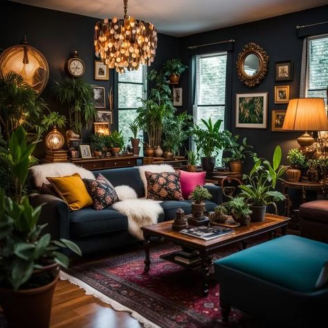 Moody Maximalist, Bohemian Living Room Decor, Bohemian Interior Design, Dark Academia Decor, Bohemian House, Maximalist Decor, Bohemian Living Room, Room With Plants, Living Room Spaces