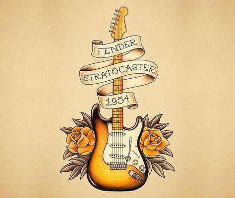 Fender Stratocaster poster Stratocaster Tattoo, Tattoo Guitar, Guitar Tattoo Design, Guitar Drawing, Guitar Tattoo, Stratocaster Guitar, Music Drawings, Old School Tattoo Designs, Traditional Tattoo Art