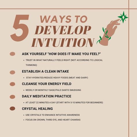 5 WAYS TO DEVELOP YOUR INTUITION! INCLUDES DAILY MEDITATION PRACTICES, A HEALTHY INTAKE OF PLANT BASED FOODS, ENERGY CLEANSING WITH SAGE AND PALO SANTO, CRYSTAL HEALING THROUGH CROWN CHAKRA, THIRD EYE CHAKRA AND HEART CHAKRA ENERGY WORK AND MOST IMPORTANTLY AN AWAKENED AWARENESS OF YOUR AUTHENTIC SELF! Plant Based Foods, Sage And Palo Santo, Energy Cleansing, Chakra Energy, Energy Cleanse, Daily Meditation, Logical Thinking, Energy Work, Meditation Practices