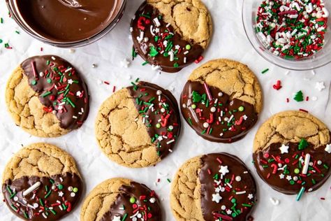 Chocolate Dipped Chewy Peanut Butter Cookies - Kroll's Korner Christmas Peanut Butter Cookies, Dipped Peanut Butter Cookies, Krolls Korner, Peanut Butter Dip, Chocolate Dipped Cookies, Chocolate Melting Wafers, Chewy Peanut Butter Cookies, Frozen Cookie Dough, Holiday Sprinkles