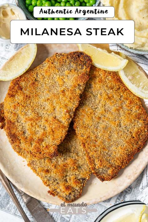 Authentic Argentine milanesa steak recipe from Marco's family that has been passed on for generations. Crispy breaded steak with tender meat. Get recipe at elmundoeats.com. Milanesa Recipe Steak Easy, Breaded Steak Recipe, Milanesa Recipe Steak, Milanesa Recipe, Milanese Recipe, How To Make Steak, Breaded Steak, Tender Meat, Steak Recipe