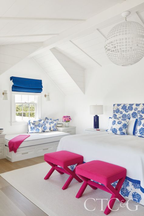 Blue Upholstered Bed, Blue And White Color Scheme, Built In Window Seat, White Color Scheme, Earthy Modern, Nantucket Home, Blue And White Pillows, Transitional Bedroom, White Nightstand