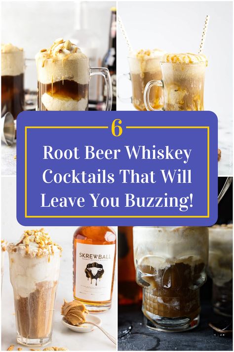 Collage of 4 root beer whiskey cocktails. Root Beer Whiskey Drinks, Rootbeer Cocktail Drinks, Root Beer Shots, Root Beer Cocktails Drinks, Root Beer Cocktail, Root Beer Alcoholic Drinks, Jameson Drinks, Fireball Cocktails, Whiskey Cocktail Recipes