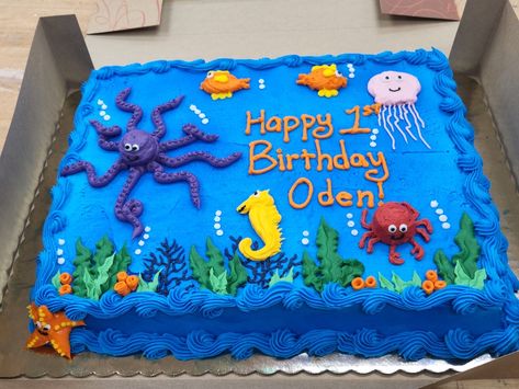 Easy Under The Sea Cake, Finding Nemo First Birthday Cake, Sea Life Birthday Cake, Under The Sea Sheet Cake, Underwater Theme Cake, Underwater Cakes, Underwater Birthday Cake, Grocery Store Cake, Under The Sea Birthday Cake