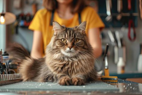 Cat grooming content cat sitting calmly on grooming table while groomer trims its nails with precision surrounded by grooming tools and music playing Cats Grooming, Cat Grooming Illustration, Cats Grooming Each Other, Dog Grooming Kit, Dog Grooming Tools Professional, Grooming Tools, Cityscape Photos, Cat Grooming, Cat Sitting