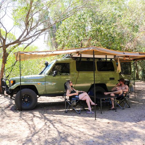 Camping set up with green Troopy and Darche Awning Troopy Setup, Troopy Camper, Adventure Car, Minivan Camping, Van Car, Car Camper, Travel Van, Van Living, Overland Vehicles