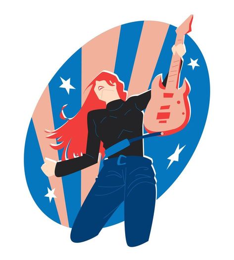 guitarist woman pose. spotlight background and stars icon. suitable for bands, music, solo, rock, print, sticker, poster, background, etc. flat vector illustration Guitarist Illustration, Music Vector Illustration, Spotlight Background, Woman Pose, Musical Wall, Musical Wall Art, Stars Icon, 3d Vector, Flat Vector Illustration