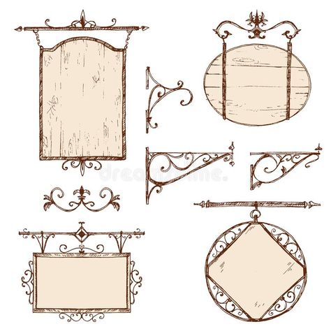 Vector hand drawn collection of vintage signboards, bracket and. Decorations. Sketchy engraving style of illustration. Isolated old town set vector illustration Drawing Objects, Doodle Background, Old Frames, Vector Hand, Colonial Style, Frame Wreath, Vintage Illustration, Old Town, Printmaking