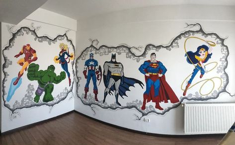 Ferdi Mateescu - SuperHero mural panting. LEO's room full... | Facebook Superhero Mural, Wall Graffiti, Mural Paintings, Superhero Room, Mural Painting, Paint Brush, Super Heroes, Childrens Room, Paint Brushes