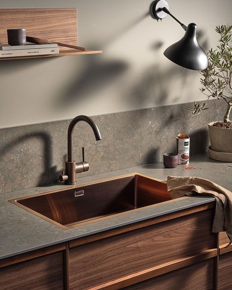 Bricmate AB on Instagram: “The Azul Olive countertop is rich in color with beautiful fossil-like details. Our countertops are highly durable and do not stain from…” Copper Countertop, Copper Taps, Copper Sink, Copper Kitchen, Kitchen Taps, Kitchen Faucet, Kitchens Bathrooms, Kitchen Sink, Modern Kitchen