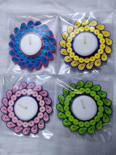 Quilling Diyas Diwali, Quilling Tealight Holder, Quilling Decoration, Rangoli Competition, Quilling Candle Holder, Handmade Flowers Tutorial, Quilling Flower Designs, Diya Decoration, Paper Quilling Cards