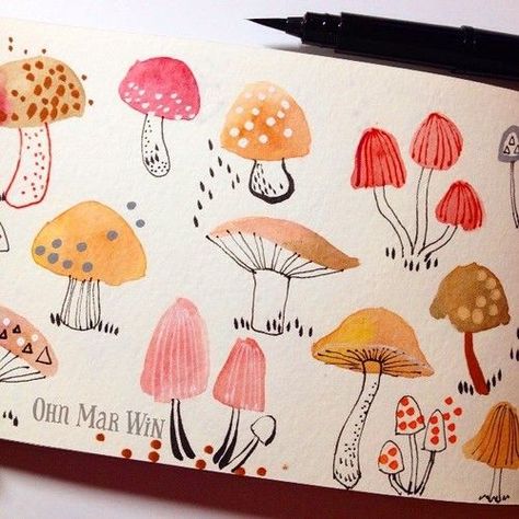 Ohn Mar Win, Doodle Lettering, Mushroom Art, Watercolor Inspiration, Art And Illustration, Week 1, Hand Illustration, Watercolor And Ink, Art Paint