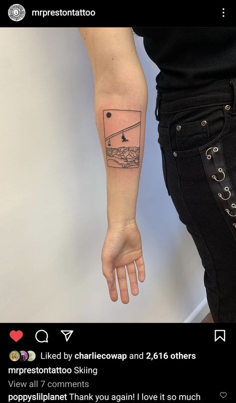 Skier Tattoo Ideas, Chairlift Tattoo, Ski Lift Tattoo, Skier Tattoo, Skiing Tattoo Ideas, Skiing Tattoos, Snowboard Tattoo, Snowboarding Tattoo, Skiing Tattoo