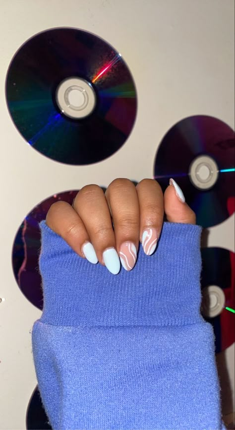 Sky Blue Nails For Prom, Powder Blue Short Nails, Nails To Go With A Light Blue Dress, Cute Nails For A Dance, Light Blue Vacation Nails, Preppy Nails Blue, Light Blue Nails With Design Almond, Cute Baby Blue Nails Short, Blue Nails With White Design