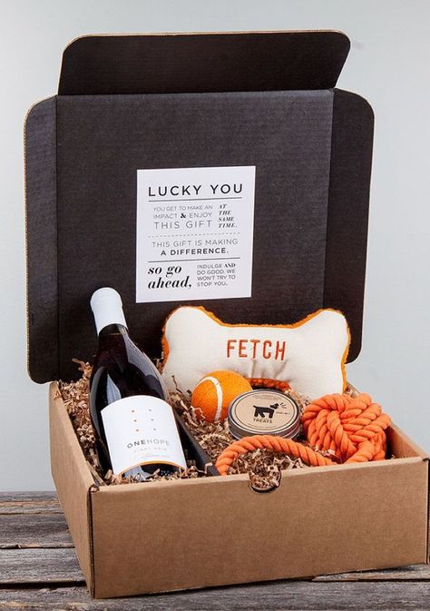 Dog Lover Gift Box Dog Treat Packaging Ideas, Treat Packaging Ideas, Dog Treat Packaging, Onehope Wine, Treat Packaging, Dog Gift Box, Dog Box, Wine Gift Boxes, Dog Business