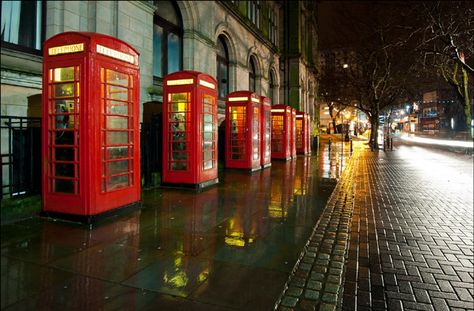 Line of red phone boxes.  Can't be many of these left now, and certainly not in a line like these! Urban Street Photography, British Icons, Red Telephone Box, Preston Lancashire, Red Telephone, Letter Boxes, Line Phone, Telephone Box, English Home