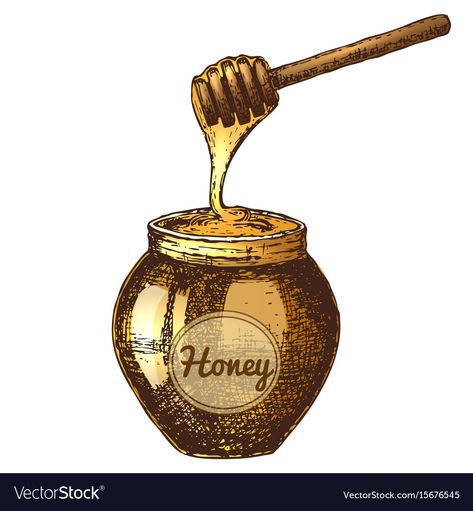 Small Honey Jar Tattoo, Spoon Drawing, Honey Bee Tattoo, Honey Spoons, Wine Logo, Hand Carved Rubber, Organic Nature, Bee Tattoo, Sketch Illustration