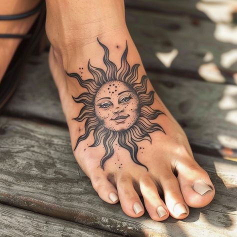 Sun Moon Feet Tattoo, Sun And Moon Foot Tattoo, Flower Black Tattoo, Feet Tattoos For Women, Side Foot Tattoos, Hen Tattoo, Armpit Tattoo, Lovely Tattoo, Tattoo Sonne