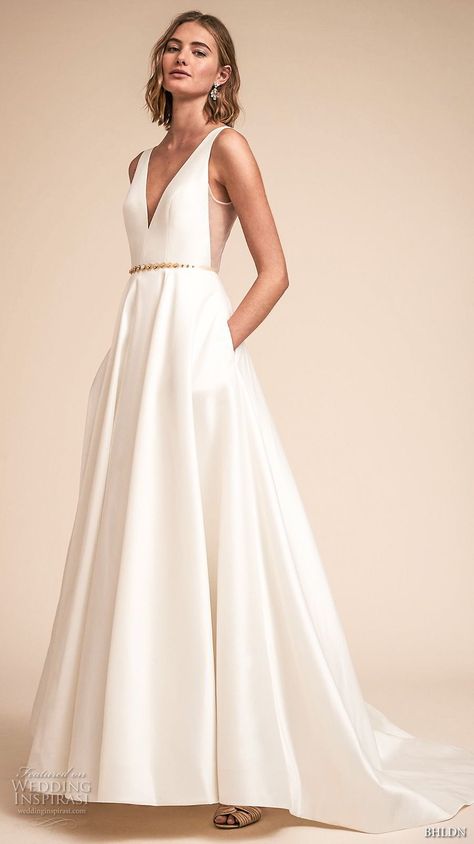 bhldn spring 2018 bridal sleeveless deep v neck simple clean a  line wedding dress open v back chapel train (16) mv -- BHLDN Spring 2018 Wedding Dresses Bhldn Wedding Dress, Bhldn Wedding, Satin Wedding Dresses, Wedding Dress With Pockets, Wedding Dress Belt, Wedding Dresses Ideas, Dress Bride, V Neck Wedding Dress, Dress Pockets