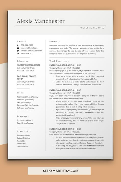 Modern Resume Template for Professionals, CV Template Word, Apple Pages - SeekSmart Cv Ideas Design, Resume Examples For Jobs, Blank Resume Template, Resume Examples Skills, Student Resume Examples, Finance Resume, Simple Resume Design, Chef Resume, Simple Resume Examples