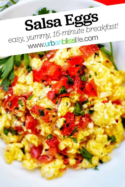 This eggs with salsa, cheese, and cilantro is a fast, healthy, delicious breakfast, brunch, or snack! Week Challenge Ideas, Eggs With Salsa, Eggs And Salsa, Breakfast Healthy Ideas, Salsa Eggs, No Sugar Meals, Semi Healthy Desserts, Keto Egg Recipes, Protein Eggs