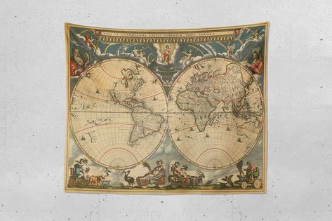 Hemisphere World Map Wall Tapestry Tapestry Wall Hangings | Etsy World Map Tapestry, Map Tapestry, Vintage Art Wall, College Dorm Rooms, Cloth Fabric, Vintage Art Prints, Antique Design, Colour Palettes, Sister Brother