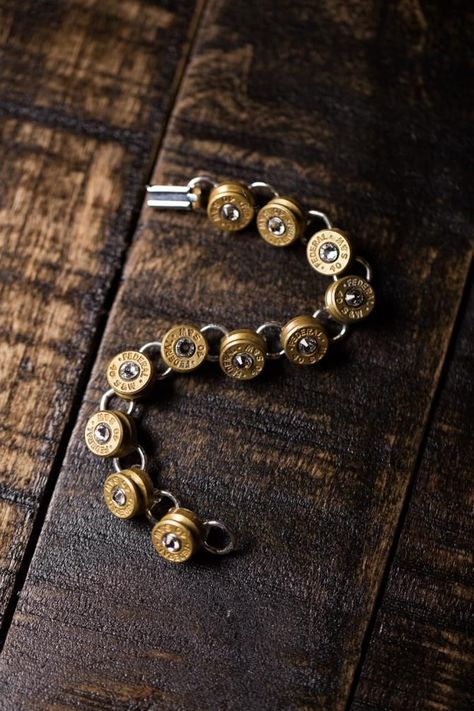 Pistol Packin' Link Bullet Bracelet | Southern Roots | Bourbon & Boots Bourbon And Boots, Bullet Casing Jewelry, Bullet Crafts, Bullet Art, Rustic Home Decor Ideas, Bullet Shell, Cowgirl Bling, Bullet Casing, Bullet Jewelry