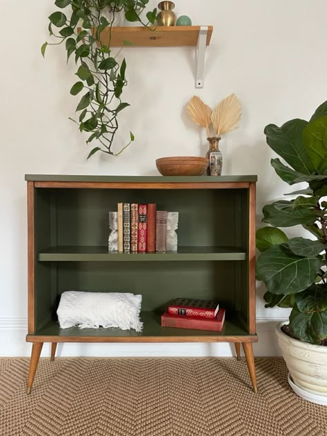 Small Bookcase Makeover, Melange Paint, Green Bookcase, Mcm Cabinet, Green Bookshelves, Bookcase Makeover, Diy Furniture Repurpose, Diy Furniture Flip, Revamp Furniture