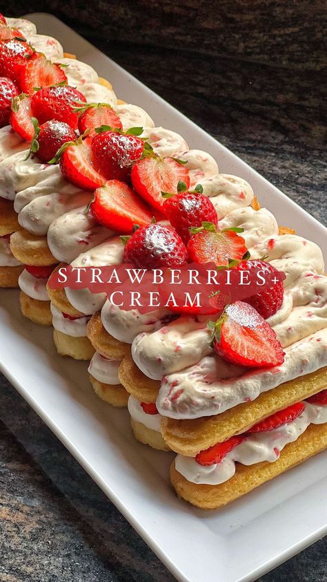 Taghrid Ahmad | Strawberries + Cream Tiramisu 🍓 fast, fresh, easy & kid friendly with only about 6 ingredients!! I made it over the weekend it’s so fresh… | Instagram White Chocolate Strawberry Dessert, Fresh Ingredient Recipes, Creme Brulee Desserts, Thickened Cream, Strawberry Tiramisu, Vanilla Bean Paste, Sliced Strawberries, Dessert Recipies, Snack Shop