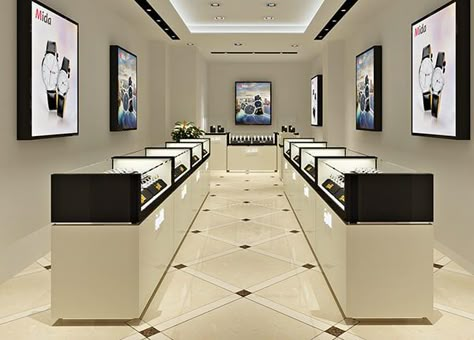 watch showroom display furniture Watch Showroom, Mobile Shop Design, Shop Counter Design, Jewelry Shop Display, Jewelry Store Interior, Jewelry Store Design, Jewellery Shop Design, Barber Shop Decor, Glass Showcase