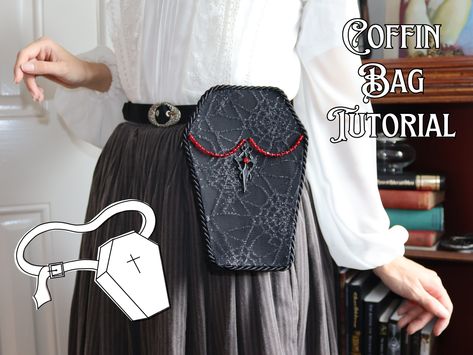 This coffin bag is perfect for fans of hand sewing with a soft spot for the gothic! The project lends itself to beginners looking to improve their hand sewing skills, or experienced sewers wanting a simple but involved project. The instructions detail how to make the bag, from sourcing the materials to attaching the bag to a belt for ease of wear. Purchase includes: -Printable PDF pattern -20 page tutorial, with pictures for every step and clear instructions  -(+ a BONUS fan holder pattern and instructions!) I am also always available to message if you get stuck during the making process, you can either contact me through here or on any other social media (listed below).  Please check out my shop for more tutorials, or follow me on various social medias to keep abreast of new products or j Bag Insert Sewing Pattern, Coffin Bag Sewing Pattern, Emo Sewing Patterns, Sewing Pattern Accessories, Simple Bag Sewing Pattern, Cute Bag Sewing Pattern, Grunge Sewing Projects, Gothic Sewing Projects, Alternative Sewing Patterns